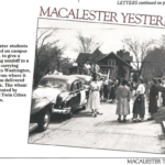 Macalester Today August 1990 photo from 1951 of students sending off a convoy of wheat to be sent to India