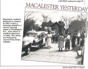 Macalester Today August 1990 photo from 1951 of students sending off a convoy of wheat to be sent to India