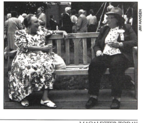Two members of the Class of 1951, Evelyn Vogt Gamble and Barbara J. Johnston, seated on a bench in 1991