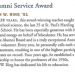 Text about John Ring receiving the Alumni Service Award, 2001