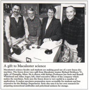 Photo of Richard Eichhorn, Prof Jan Serie, Prof Russ Whitehead, and Allan Anger, in article about a freeze dry machine gift in Macalester Today February 1996