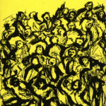 Ink drawing of crowd of bodies on yellow background