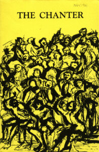 Ink drawing of crowd of bodies on yellow background
