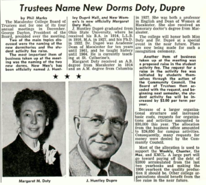 1-21-1966 The Mac Weekly article about new dorms being named after Doty and Dupre, with photos of Margaret Doty and Huntley Dupre