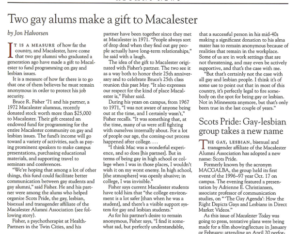 Bruce Fisher '71 and his partner make a gift to Macalester