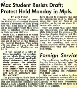 The Mac Weekly 10/13/1967 article, "Mac Student Resists Draft; Protest Held Monday in Mpls"