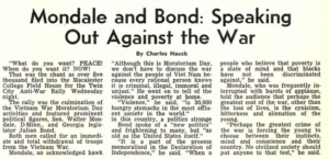 Article "Mondale and Bond: Speaking Out Against the War" in The Mac Weekly 10/24/1969