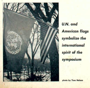 Photo of United Nations and U.S. flags, taken by Tom Nelson, in The Mac Weekly 2/13/1970