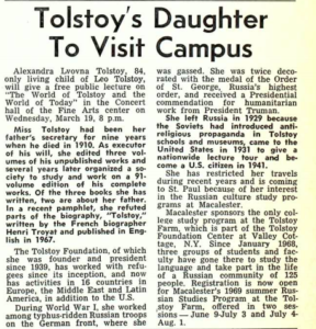 Headline, "Tolstoy's Daughter to Visit Campus" in The Mac Weekly 3/14/1969