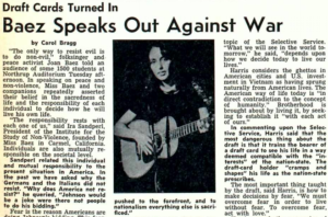 Photo of Joan Baez with headline, "Draft Cards Turned In; Baez Speaks Out Against War" in The Mac Weekly 3/15/1968