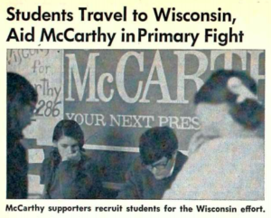 Photos students recruiting for McCarthy primary with headline, "Students Travel to Wisconsin, Aid McCarthy in Primary Fight" in The Mac Weekly 3/29/1968