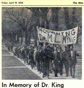 Image of march with headline, "In Memory of Dr. King" in The Mac Weekly 4/19/1968
