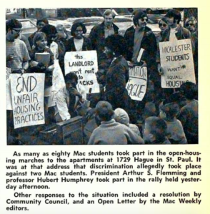 Unfair housing protest photo and caption in The Mac Weekly 5/16/1969