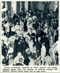 Picture of crowd in Cochran Lounge during orientation in The Mac Weekly 9/15/1967