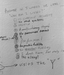 Graffiti responses answering the question, "Why Am I Living?"