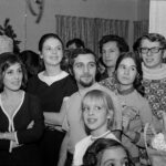 Group of students looking off-camera at the International Center, possibly in 1967