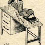 Drawing of student on top of desk, body halfway in an open book