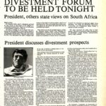Front page of Mac Weekly with headline of divestment forum in spring 1986