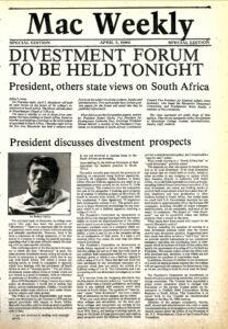 Front page of Mac Weekly with headline of divestment forum in spring 1986