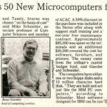 An article titled "College buys 50 new microcomputers for $85,000" in the Mac Weekly Spring 1985