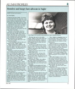 An article with Nancy Nagler '86 in the Macalester Today from 1987 titled "Homeless and hungry have advocate in Nagler"