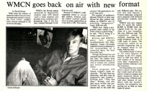 Article of WMCN from Fall 1985 with headline "WMCN goes back on air with new format"