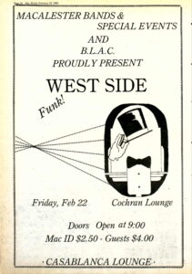 Flyer for West Side brought by Mac Bands and B.L.A.C in spring 1985