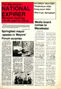 Front page of satirical Mac Weekly from spring 1986