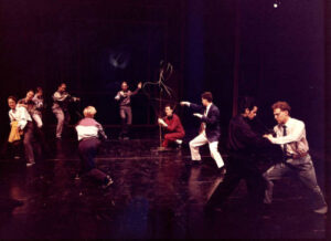 Performers on stage in The Feigned Courtesans Spring 1990