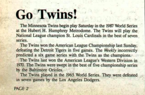 Mac Weekly 10/16/1987 article about the Minnesota Twins playing in the 1987 World Series