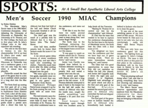Mac Weekly 10/19/1990 article about the Men's Soccer 1990 MIAC Champions