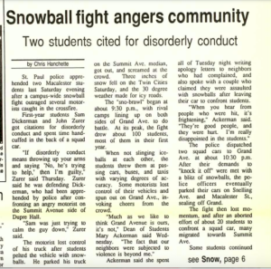 Mac Weekly 11/11/1988 article about snowball fight and police and community response