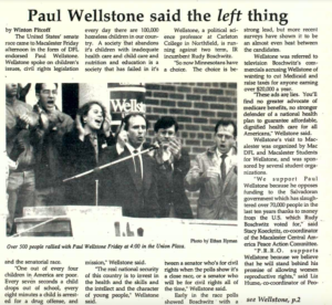 Mac Weekly 11/2/1990 article about Paul Wellstone rally in front of the Student Union
