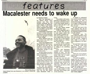 Article in The Mac Weekly 12/14/1990 about racism at Mac; includes discussion with Michael Curry, Class of 1991