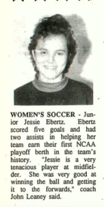 Article and photo of soccer player Jessie Ebertz, in Mac Weekly 12/8/1989