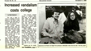 Mac Weekly 12/9/1988 article about vandalism on campus; also picture of Jim Tincher and Abigail Frost staffing a MACTION mitten drive