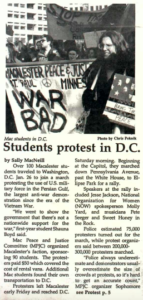 Article in Mac Weekly 2/9/1990 about students protesting in Washington, D.C. against military force in the Persian Gulf
