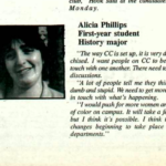 Mac Weekly 3/18/1988 photo of and statement by Alicia Phillips, running for Community Council