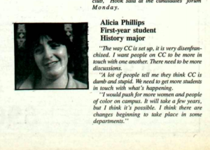 Mac Weekly 3/18/1988 photo of and statement by Alicia Phillips, running for Community Council