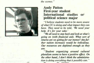 Mac Weekly 3/18/1988 photo of and statement by Andy Patton, running for Community Council