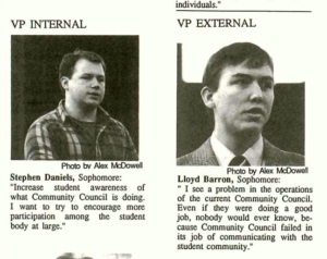 Mac Weekly 4/14/1989 photos of and statements by Stephen Daniels and Lloyd Barron about Community Countil