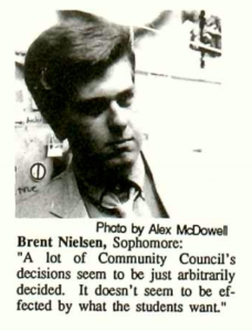 Mac Weekly 4/14/1989 statement by and photo of Brent Neilsen about Community Council
