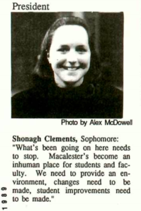 Mac Weekly 4/14/1989 Statement by and photo of Shonagh Clements