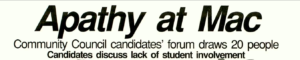 Mac Weekly 4/14/1989 headlines about apathy and lack of student involvement