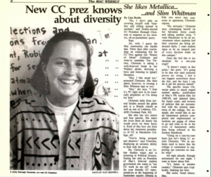 Mac Weekly 4/21/1989 article and photo of Shonagh Clements, new Community Council President
