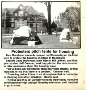 Mac Weekly 4/29/1988 article, with pcture of tents on the Old Main lawn, about student organizing around housing issues