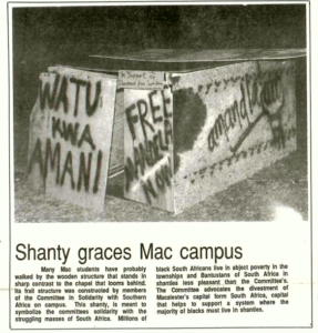Mac Weekly 4/7/1989 article and picture about solidarity with and divestment from South Africa