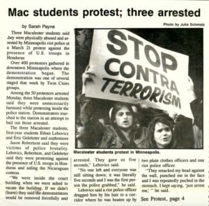 Mac Weekly 4/8/1988 article about student protests and arrests against US troops in Honduras
