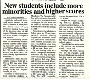 Mac Weekly 9/11/1987 article about large incoming number of minority students and other admissions statistics