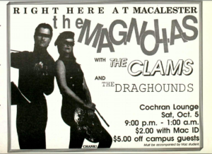 Mac Weekly 9/30/1988 advertisement for The Magnolias, The Clams, and The Draghounds performing in Cochran Lounge